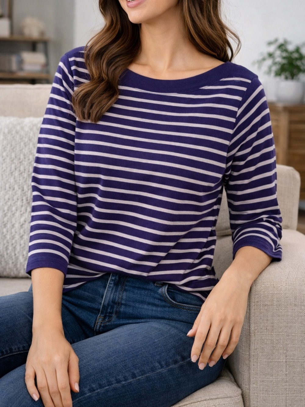 Karen Scott Purple Striped Boat Neck Top | 3/4 Sleeve Casual Tee | 1X